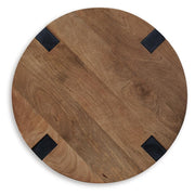 Ashley Furniture Hanneforth Occasional Table Set with two round tables featuring wood tops and metal bases.