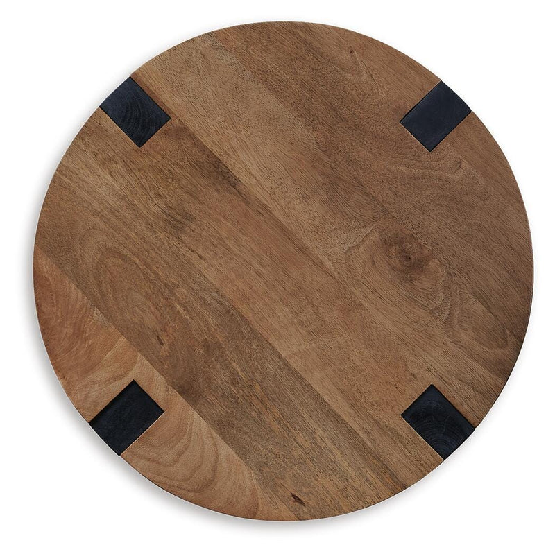 Ashley Furniture Hanneforth Occasional Table Set with two round tables featuring wood tops and metal bases.