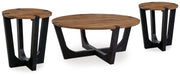 Ashley Furniture Hanneforth occasional table set with three wooden tables featuring modern design and warm wood finish.