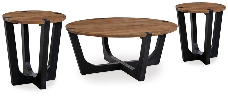 Ashley Furniture Hanneforth occasional table set with three wooden tables featuring modern design and warm wood finish.