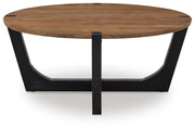 Ashley Furniture Hanneforth occasional table set with round wooden tables and metal legs, modern living room decor.