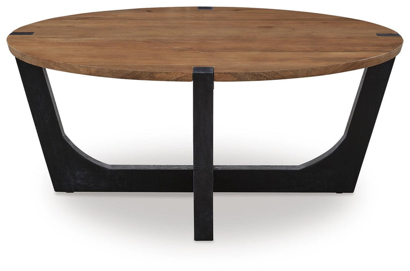Ashley Furniture Hanneforth occasional table set with round wooden tables and metal legs, modern living room decor.