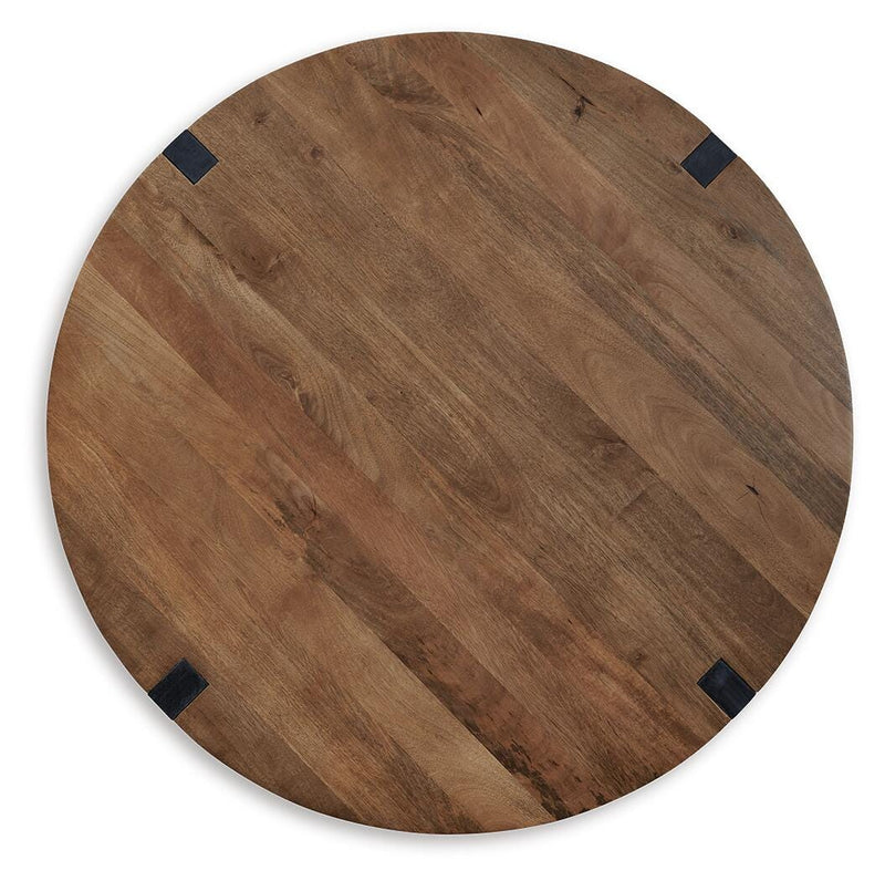 Ashley Furniture Hanneforth Occasional Table Set featuring round tables with wooden tops and metal legs in a modern design
