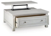 Ashley Furniture Robbinsdale lift-top coffee table with angled open storage and sleek wood finish, designed for versatile living room use.