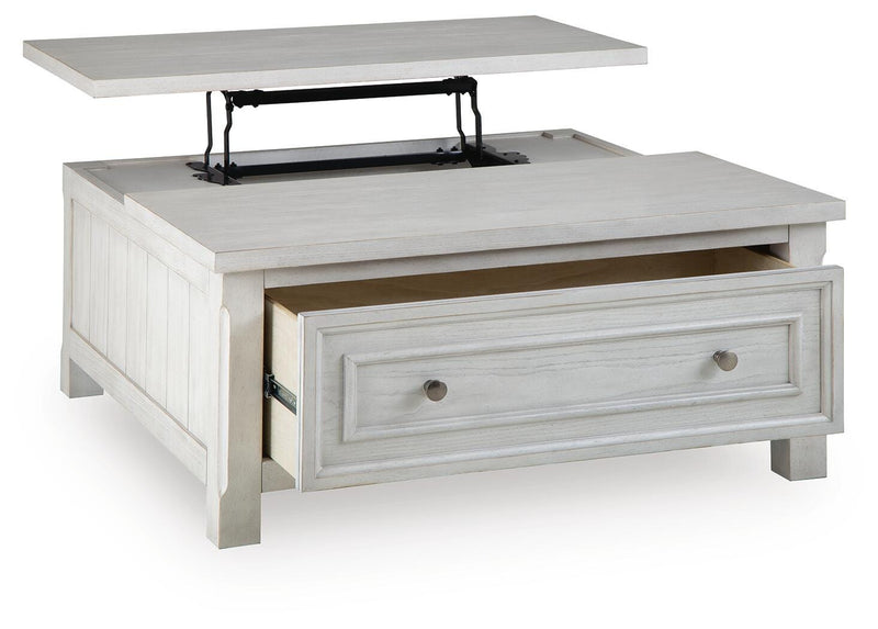 Ashley Furniture Robbinsdale lift-top coffee table with angled open storage and sleek wood finish, designed for versatile living room use.