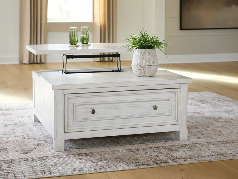 Ashley Furniture Robbinsdale lift-top coffee table with open top and storage, featuring a modern design and wood finish.
