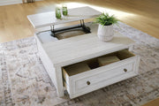 Ashley Furniture Robbinsdale lift-top coffee table with storage, featuring a modern design and a dark wood finish.