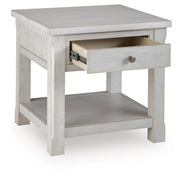 Ashley Furniture Robbinsdale end table with open shelf design, showcasing a sleek wood finish and modern style.