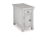 Ashley Furniture Robbinsdale chairside end table with a wooden finish, angled design, and compact shape for living room decor.