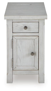 Ashley Furniture Robbinsdale chairside end table with a wooden top and tapered legs, perfect for small spaces.