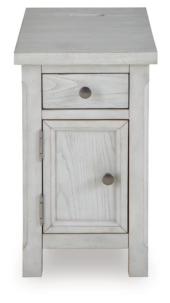 Ashley Furniture Robbinsdale chairside end table with a wooden top and tapered legs, perfect for small spaces.