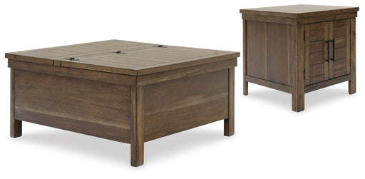 Ashley Furniture Moriville Occasional Table Set with three stylish tables featuring wood and metal accents.