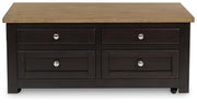 Ashley Furniture Drazmine Lift-Top Coffee Table with a sleek lift-top design and dark wood finish.