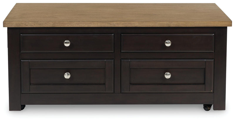 Ashley Furniture Drazmine Lift-Top Coffee Table with a sleek lift-top design and dark wood finish.