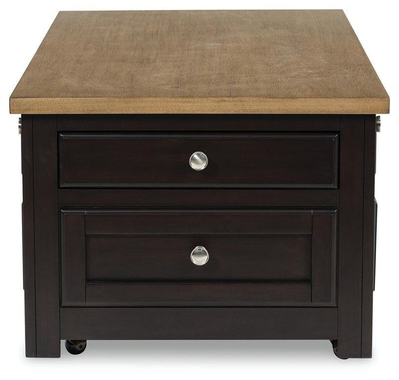 Ashley Furniture Drazmine lift-top coffee table with a sleek wooden finish and a raised tabletop for versatile use.
