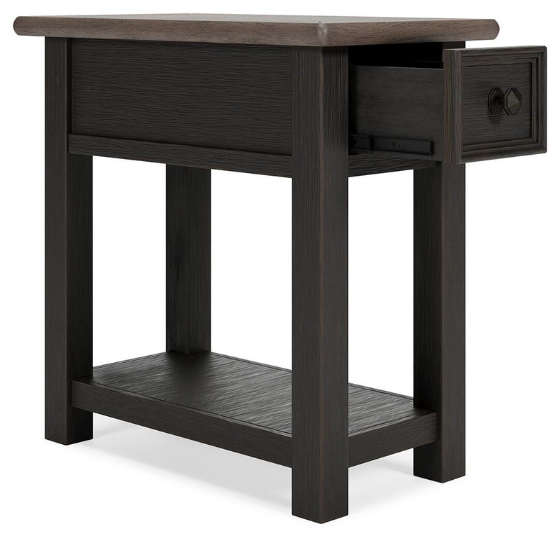 Ashley Furniture Tyler Creek end table set showing two wooden tables with open shelving and a warm finish, angled view.