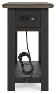 Ashley Furniture Tyler Creek end table set showing two wooden tables with dark finish and modern design features.