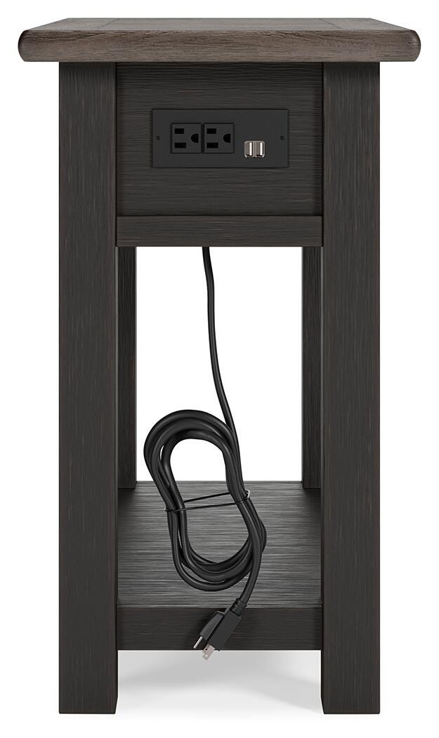 Ashley Furniture Tyler Creek end table set showing two wooden tables with dark finish and modern design features.