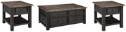 Set of three Tyler Creek Ashley Furniture Occasional Tables with wood finish and modern design, shown together in a living room setting.