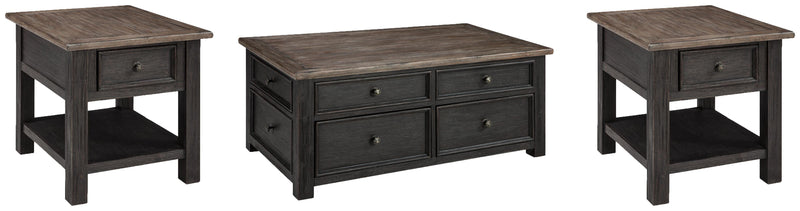 Set of three Tyler Creek Ashley Furniture Occasional Tables with wood finish and modern design, shown together in a living room setting.
