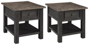 Ashley Furniture Tyler Creek end table set featuring two wooden tables with a warm finish and modern design.