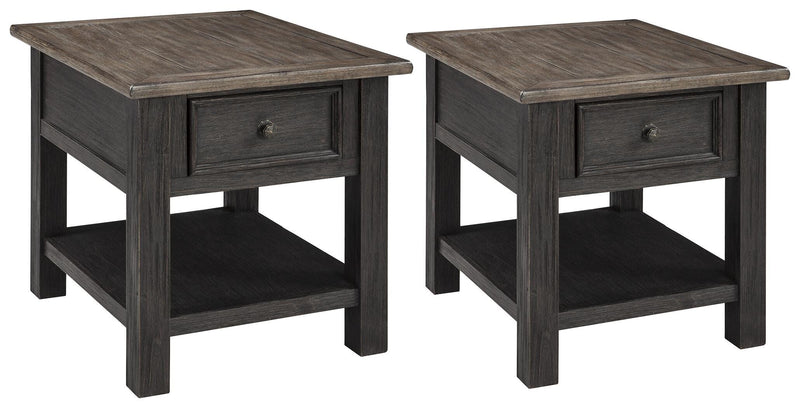 Ashley Furniture Tyler Creek end table set featuring two wooden tables with a warm finish and modern design.