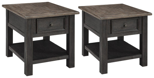 Ashley Furniture Tyler Creek end table set featuring two wooden tables with a warm finish and modern design.