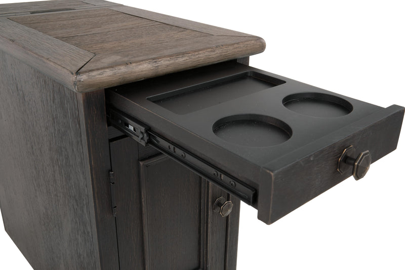 Ashley Furniture Tyler Creek occasional table set with three wood finish tables featuring modern design and tapered legs.
