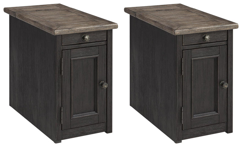 Ashley Furniture Tyler Creek end table set showing two wooden tables with a dark finish and modern design.