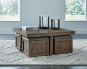 Ashley Furniture Boardernest Occasional Table Set with matching stools, featuring modern design and wood finishes.