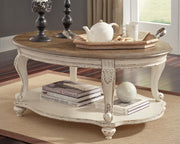 Ashley Furniture Realyn Occasional Table Set featuring two stylish tables with wood finishes and modern design.