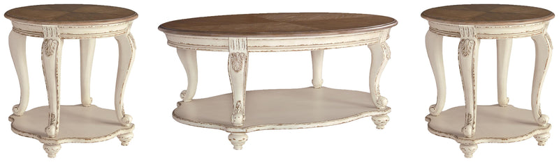 Ashley Furniture Realyn occasional table set with two round tables featuring dark wood finish and modern design.