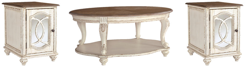 Ashley Furniture Realyn Occasional Table Set featuring two stylish tables with wood finish and modern design.