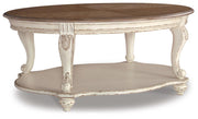 Ashley Furniture Realyn Occasional Table Set featuring three stylish tables with wooden finishes and modern design angles.