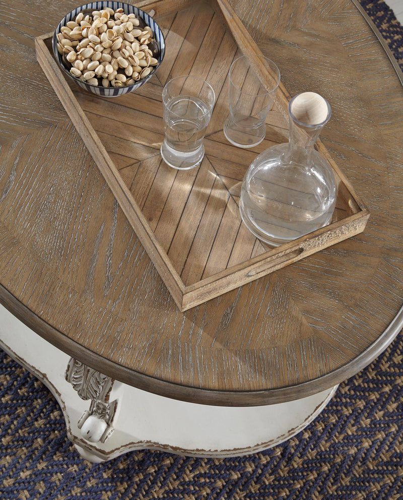 Ashley Furniture Realyn occasional table set featuring a modern design with two matching tables and sleek wooden finishes.