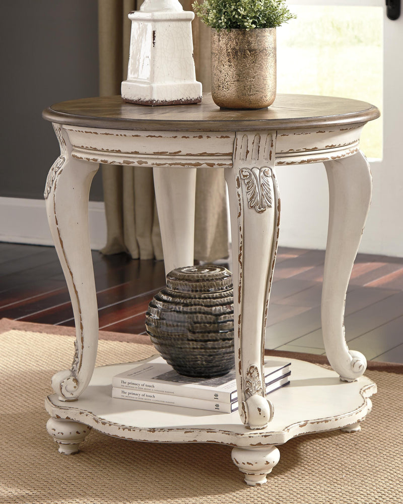 Ashley Furniture Realyn Occasional Table Set featuring two stylish coffee and side tables with wood finishes and modern design.
