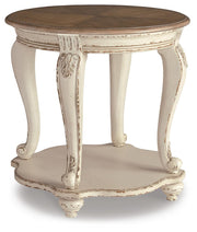 Ashley Furniture Realyn Occasional Table Set featuring two stylish side tables with wood and metal accents.
