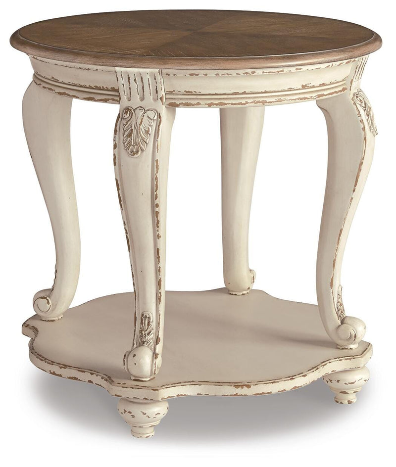 Ashley Furniture Realyn Occasional Table Set featuring two stylish side tables with wood and metal accents.