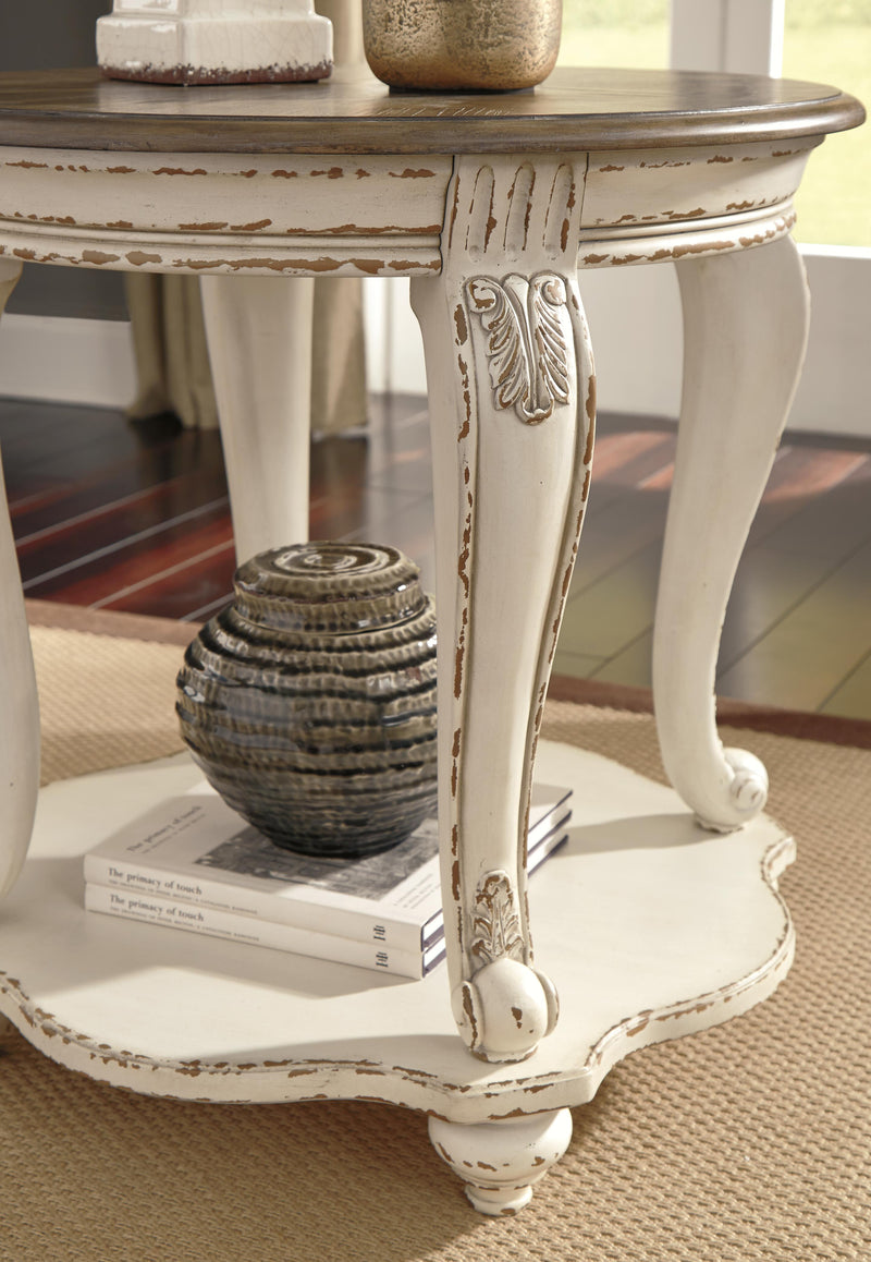 Ashley Furniture Realyn Occasional Table Set with two stylish wooden tables featuring dark finish and modern design details.
