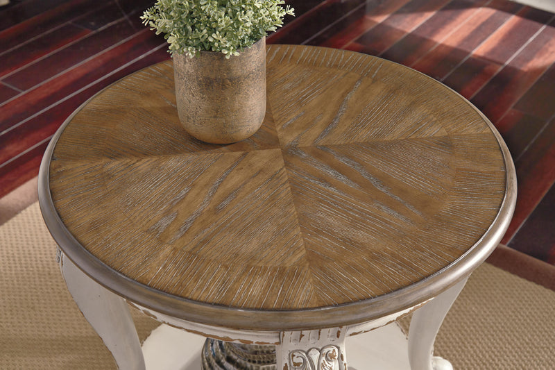 Ashley Furniture Realyn Occasional Table Set featuring two modern wooden tables with sleek, minimalist design.