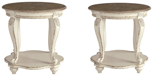 Ashley Furniture Realyn end table set featuring two wooden tables with a warm finish and modern design.