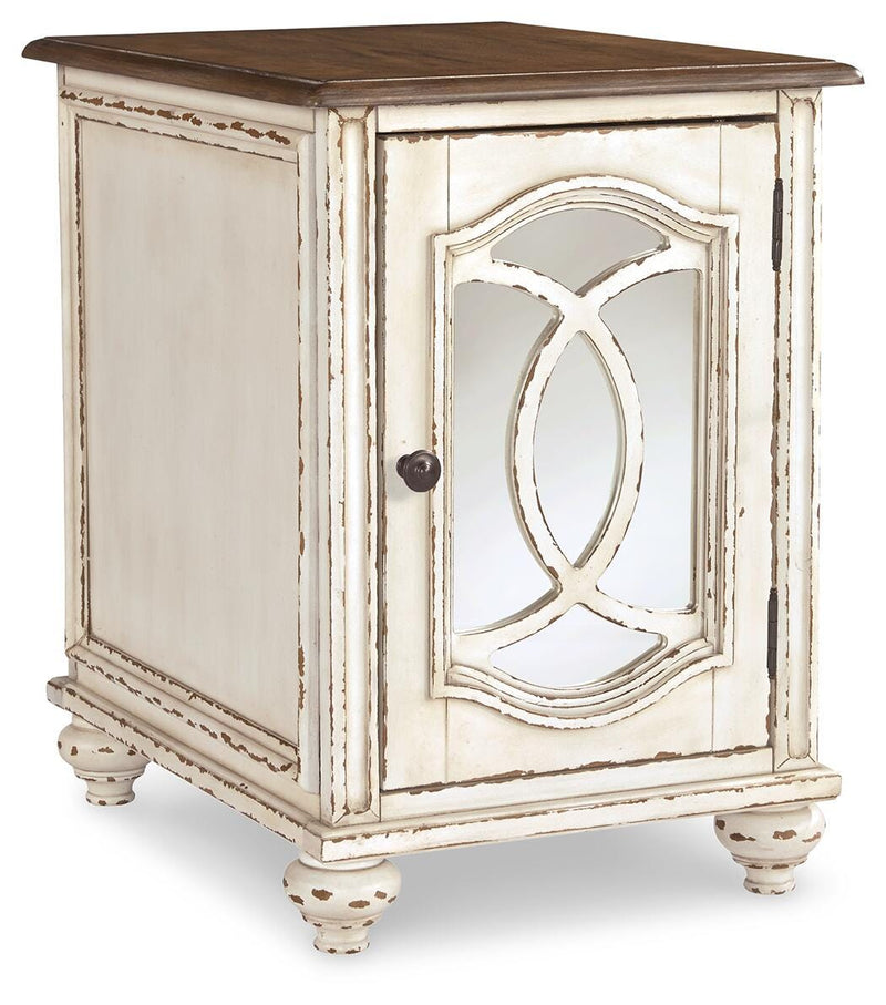 Ashley Furniture Realyn Occasional Table Set showing two stylish tables with wooden tops and metal legs, modern and functional design.