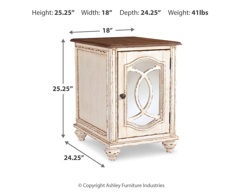 Ashley Furniture Realyn Occasional Table Set with three modern wooden tables featuring sleek designs and warm wood finishes.