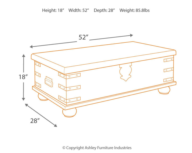 Ashley Furniture Carynhurst coffee table with lift top, dark wood finish, and spacious surface for living room use.