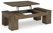 Ashley Furniture Rosswain occasional table set with multiple wooden tables featuring open shelf design and modern style.