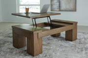 Ashley Furniture Rosswain Occasional Table Set with two modern tables featuring wood finishes and sleek metal legs.