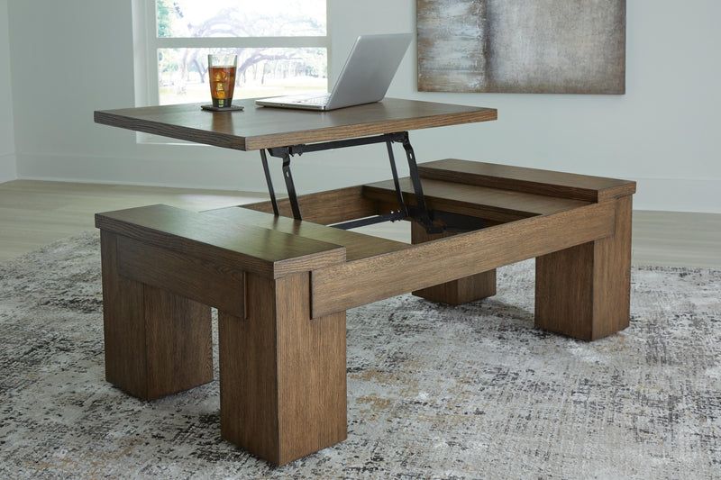 Ashley Furniture Rosswain Occasional Table Set with two modern tables featuring wood finishes and sleek metal legs.