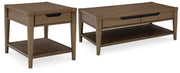 Ashley Furniture Roanhowe Occasional Table Set with three matching tables featuring warm wood finishes and modern design.