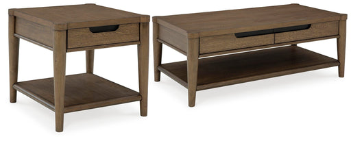 Ashley Furniture Roanhowe Occasional Table Set with three matching tables featuring warm wood finishes and modern design.