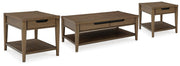 Ashley Furniture Roanhowe Occasional Table Set featuring two modern wooden tables with metal accents and a sleek design.